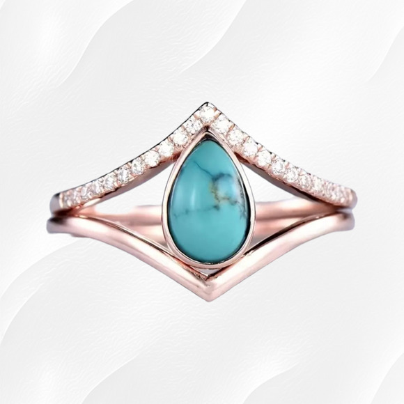 Rose Golden Turquoise Water Drop V-Shaped Boho Ring 2 Piece Fashion Ring Size 6 - Picture 1 of 3